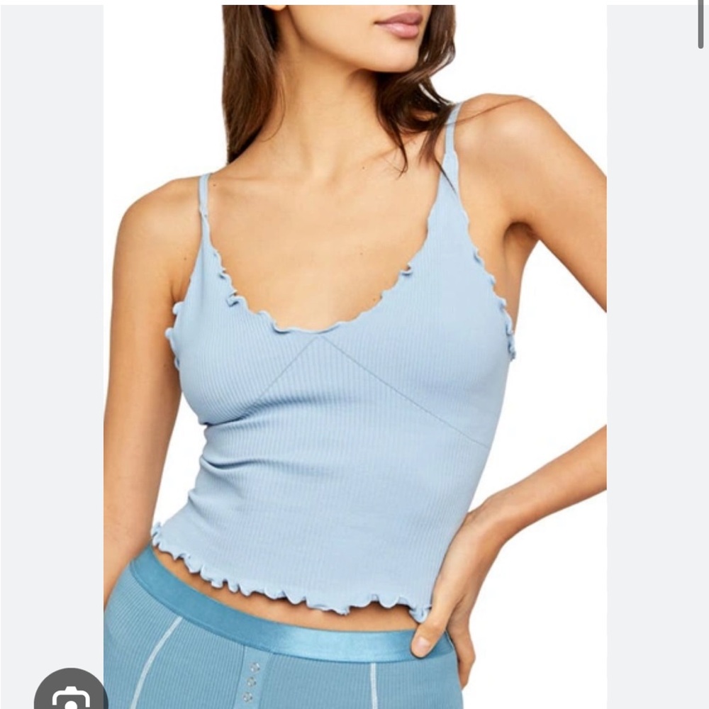 Free People Ribbed Lettuce-Edge Crop Cami in Light Blue